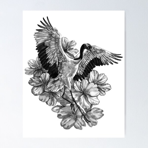 Item preview, Dancing Crane and Blossoms Monochrome designed and sold by Kelsey Worth.