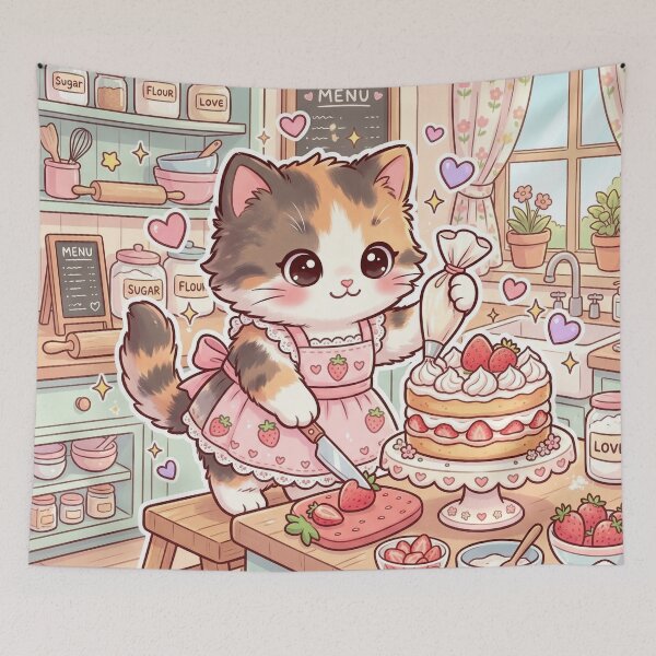 Item preview, Kawaii Cat Baking Strawberry Cake – Cute Pastel Bakery Kitten Sticker designed and sold by Furfolkz.
