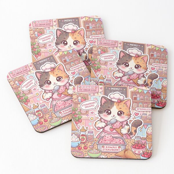 Item preview, Kawaii Cat Ice Cream Shop – Cute Strawberry Ice Cream Kitten Sticker designed and sold by Furfolkz.