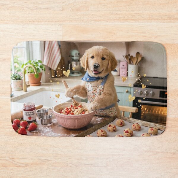 Item preview, Golden Retriever Baking Strawberry Cookies – Cute Dog Baker Kitchen Art designed and sold by Furfolkz.