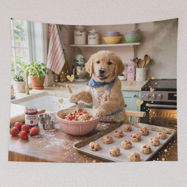 Item preview, Golden Retriever Baking Strawberry Cookies – Cute Dog Baker Kitchen Art designed and sold by Furfolkz.