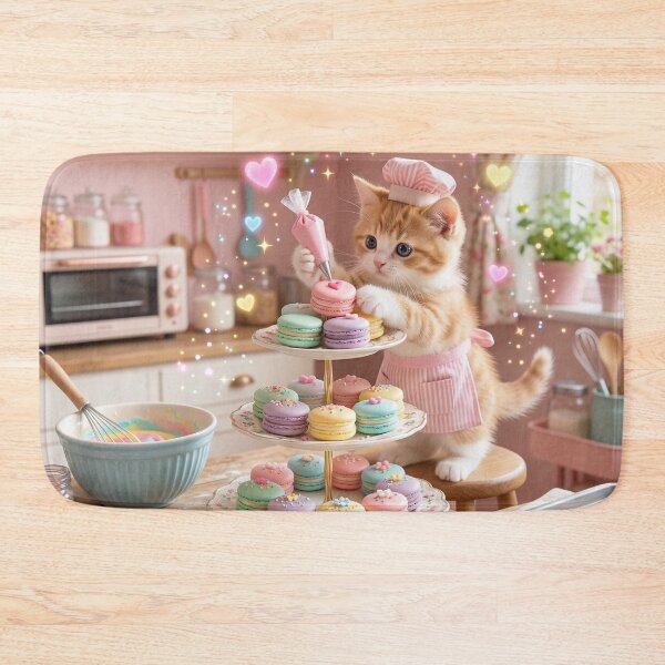 Item preview, Kawaii Kitten Macaron Baker – Cute Pastel Bakery Cat Art designed and sold by Furfolkz.