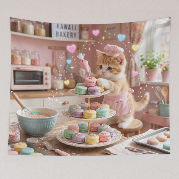 Item preview, Kawaii Kitten Macaron Baker – Cute Pastel Bakery Cat Art designed and sold by Furfolkz.