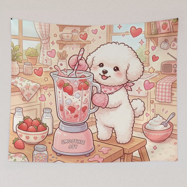 Item preview, Kawaii Bichon Dog Making Strawberry Smoothie – Cute Pastel Bakery Puppy Art designed and sold by Furfolkz.