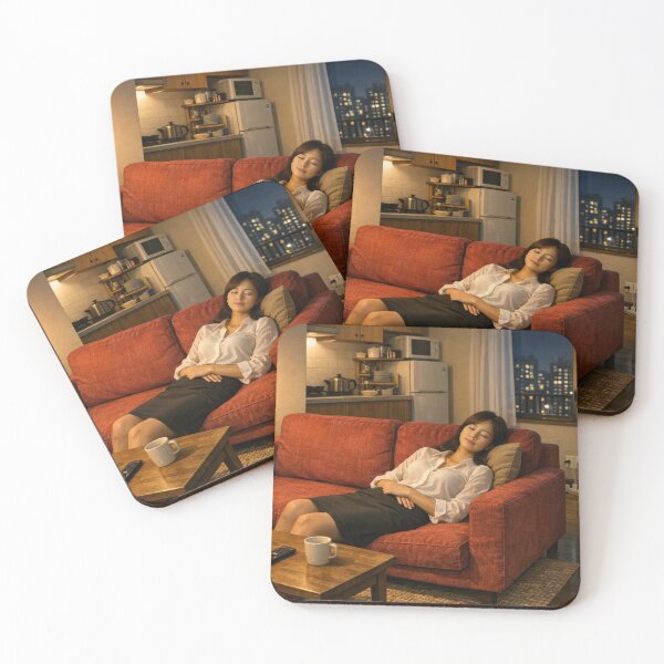 Item preview, Japanese Woman Sleeping on Red Sofa After Work designed and sold by NiceArtsPlace.
