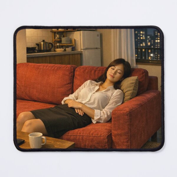 Item preview, Japanese Woman Sleeping on Red Sofa After Work designed and sold by NiceArtsPlace.