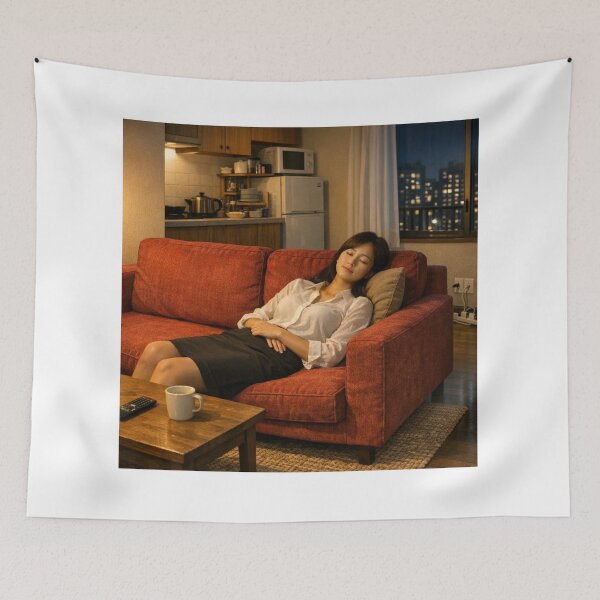 Item preview, Japanese Woman Sleeping on Red Sofa After Work designed and sold by NiceArtsPlace.