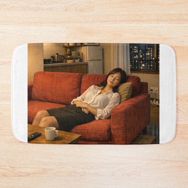 Item preview, Japanese Woman Sleeping on Red Sofa After Work designed and sold by NiceArtsPlace.