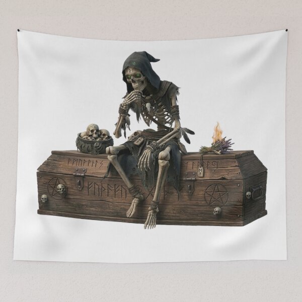 Item preview, Skeleton Thinker on Coffin - Gothic Art, Witch Illustration, Dark Humor, Macabre Illustration designed and sold by Cauldron Crafts.
