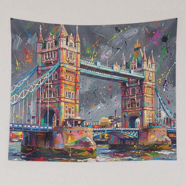 Artikelvorschau, Tower Bridge in London – Farbenfrohes abstraktes Spritzgemälde entworfen und verkauft von Printpix.