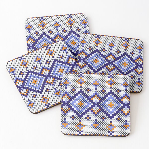 Item preview, Native-style cross-stitch yarn pattern with dark blue border and orange stripes; contemporary Indian fabric pattern. designed and sold by Nengsang.
