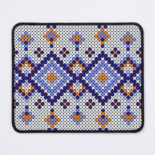 Item preview, Native-style cross-stitch yarn pattern with dark blue border and orange stripes; contemporary Indian fabric pattern. designed and sold by Nengsang.