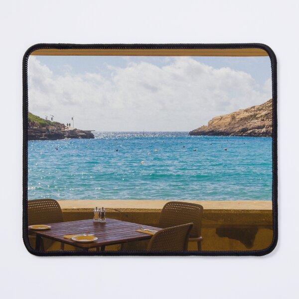Item preview, Seaside Restaurant Table With Chairs Overlooking Turquoise Mediterranean Bay Through Open Window designed and sold by Nmallia.