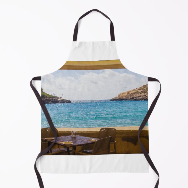 Item preview, Seaside Restaurant Table With Chairs Overlooking Turquoise Mediterranean Bay Through Open Window designed and sold by Nmallia.