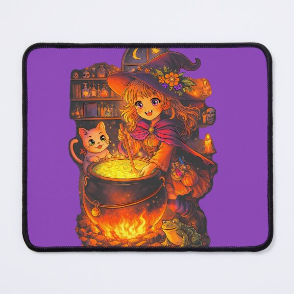 Item preview, Kawaii Little Witch at the Magic Cauldron – Halloween Illustration designed and sold by chromyral-creations.