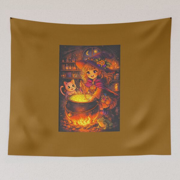 Item preview, Kawaii Little Witch at the Magic Cauldron – Halloween Illustration designed and sold by chromyral-creations.