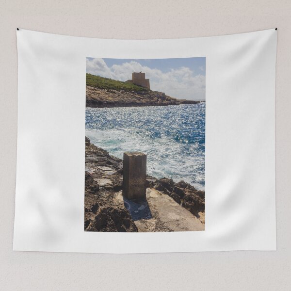 Item preview, Historic Coastal Watchtower On Rocky Headland Over Sparkling Blue Sea Under Sunny Sky And Clouds designed and sold by Nmallia.