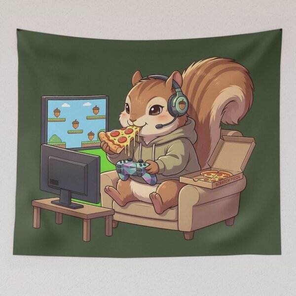 Item preview, Cute Squirrel Gamer Enjoying Pizza & Playtime - Chibi Gaming Session designed and sold by WalterAdd.