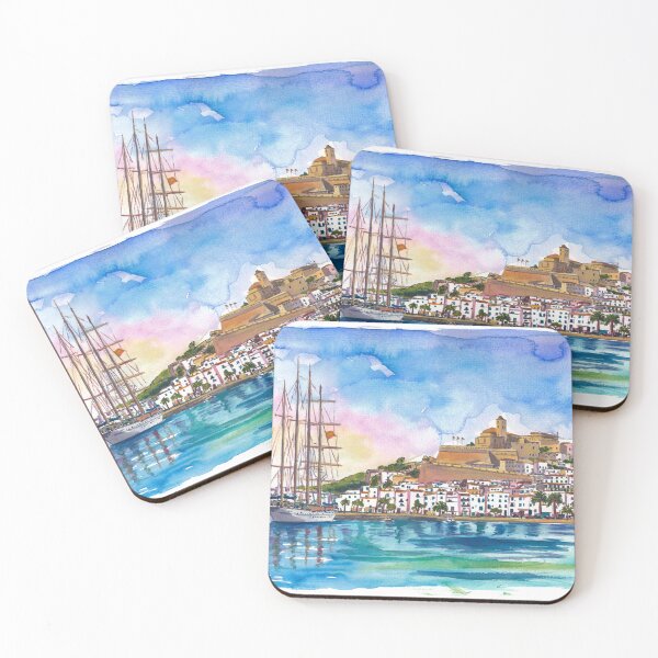 Item preview, Ibiza Old Town Harbor Painting – Mediterranean Coastal Wall Art with Beach, Palm & Sea View designed and sold by artshop77.