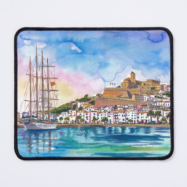 Item preview, Ibiza Old Town Harbor Painting – Mediterranean Coastal Wall Art with Beach, Palm & Sea View designed and sold by artshop77.