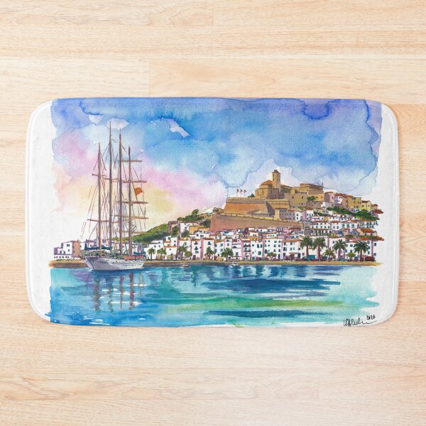 Item preview, Ibiza Old Town Harbor Painting – Mediterranean Coastal Wall Art with Beach, Palm & Sea View designed and sold by artshop77.