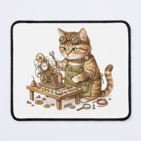 Item preview, Steampunk Tabby Cat Engineer at Work - Clockwork Feline Mechanic designed and sold by AllaMashycheva.