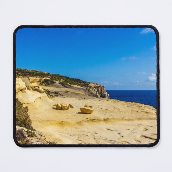 Item preview, Golden Sandstone Cliffs Overlooking Deep Blue Sea Under Clear Sky — Coastal Landscape and Eroded Rock Formations designed and sold by Nmallia.