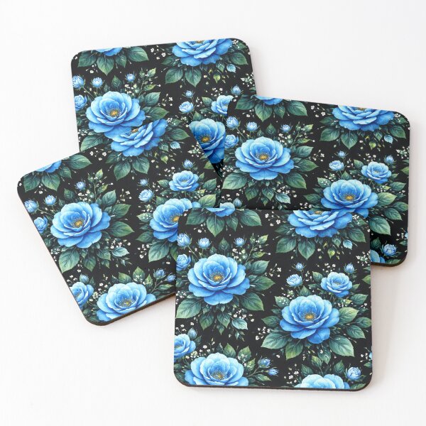Artikelvorschau, Blaues Rosenmuster auf Schwarz – Kräftiges florales Design entworfen und verkauft von AureliasDesignStudio.