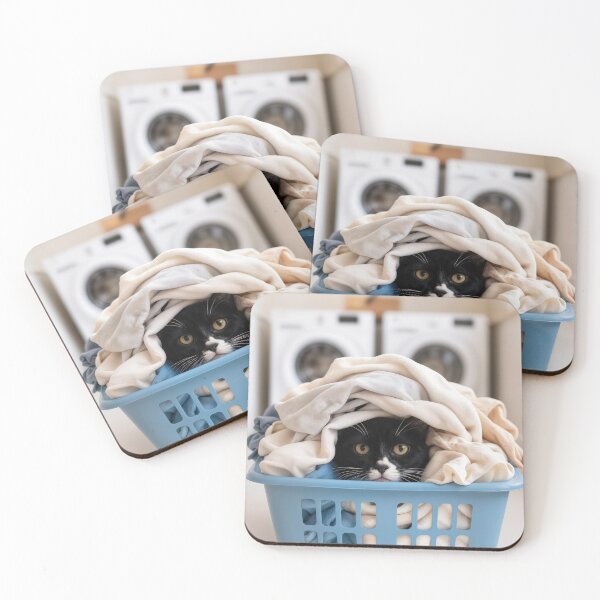 Item preview, Tuxedo Cat Hiding in a Laundry Basket designed and sold by Maria Dryfhout.