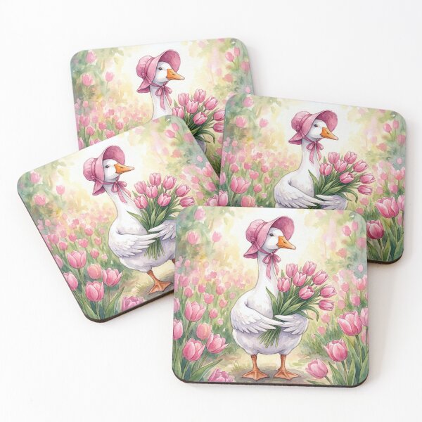Item preview, White Goose with Pink Tulips in a Garden designed and sold by Maria Dryfhout.