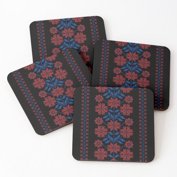 Item preview, Realistic Tatreez Embroidery Palestinian Folk Art Flowers Design #9 red-blu designed and sold by Hurriyyatee.