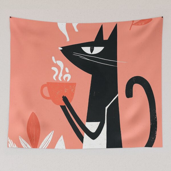 Item preview, Minimalist Black Cat with Coffee Mug – Mid Century Modern Cozy Cat Art Print designed and sold by Artixshopy98.