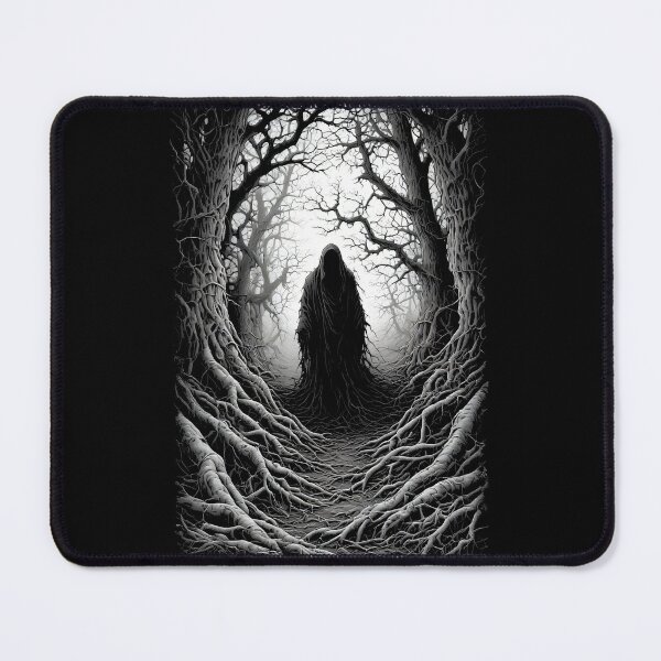 Item preview, Hooded Figure in Dark Forest – Horror Art (BLACK) designed and sold by MorbidDreams.