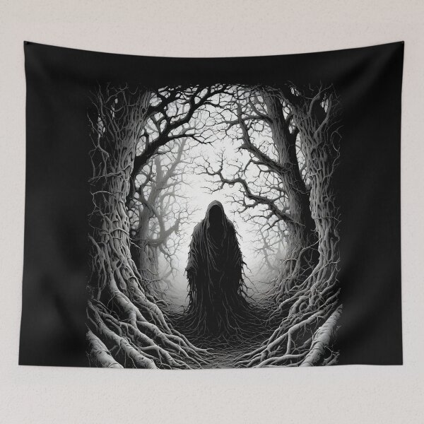 Item preview, Hooded Figure in Dark Forest – Horror Art (BLACK) designed and sold by MorbidDreams.