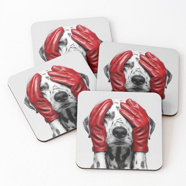 Item preview, Funny Dalmatian with Red Gloves Covering Eyes – Minimalist Dog Humor Art Print designed and sold by Artixshopy98.