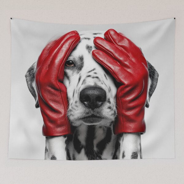 Item preview, Funny Dalmatian with Red Gloves Covering Eyes – Minimalist Dog Humor Art Print designed and sold by Artixshopy98.