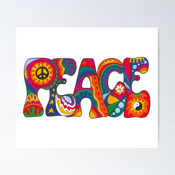 Psychedelic Peace Word Art – Retro Hippie Rainbow Groovy Peace Design Poster