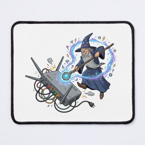 Item preview, Funny Wizard Fixing Wi-Fi Router with Magic Spell Illustration designed and sold by Kvarny.