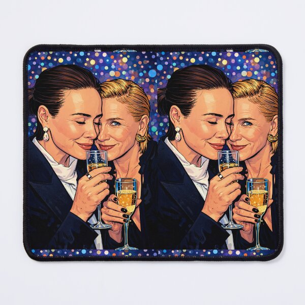 Item preview, Friends Naomi Watts and Sarah Paulson drinking champagne (fan art) designed and sold by PopCultureAndStuff.
