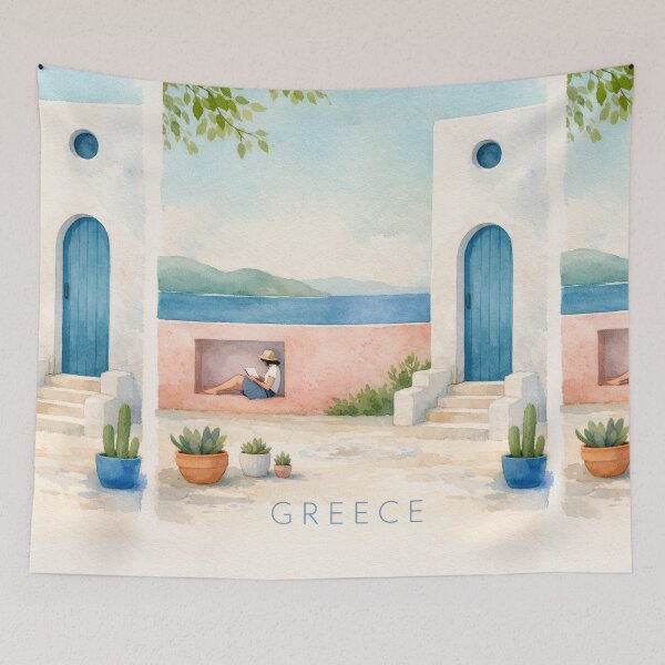Item preview, Greece Coastal Poster | Mediterranean Blue Door & Seaside Illustration | Minimalist Travel Wall Art designed and sold by Witsprings.