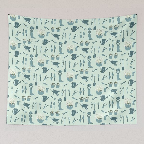 Item preview, Happy gardening - flowers and digging tools - soft blues teal and green designed and sold by ahahdodo.