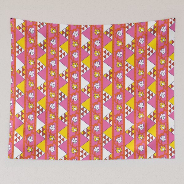 Artikelvorschau, Lebhafte Flower-Power-Geometrie der 1960er Jahre in Rosa, Orange und Gelb entworfen und verkauft von VintageStyle.