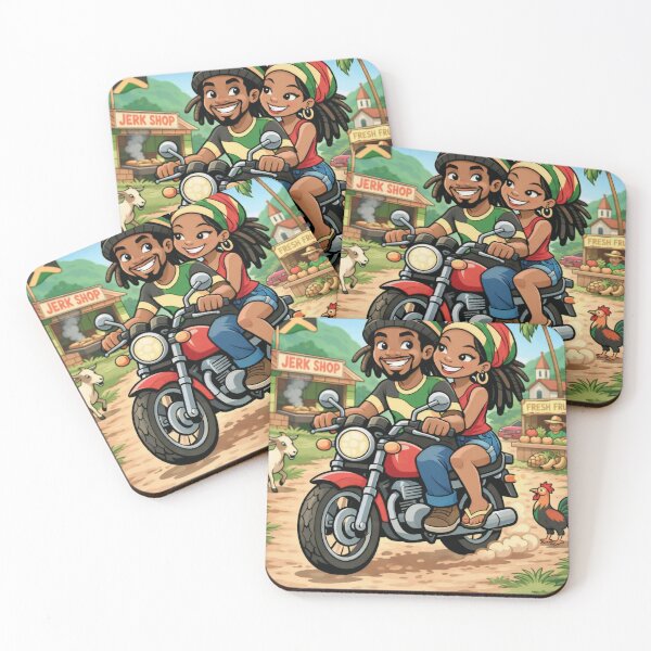 Item preview, Jamaican Couple Riding Motorcycle-Rasta Love Island Vibes cartoon art.  designed and sold by digitalbob60.