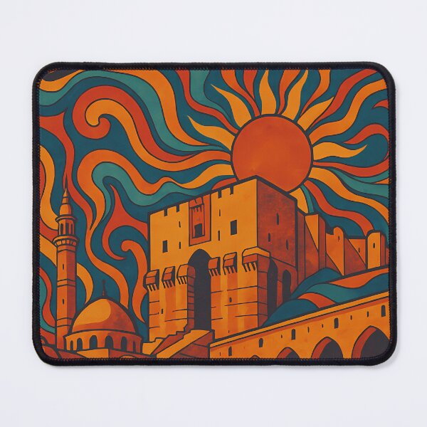 Item preview, Trippy Psychedelic Poster of Aleppo | Neon Citadel & Historic Old City Skyline | Surreal Syrian Cityscape Art designed and sold by PaintedPixels01.