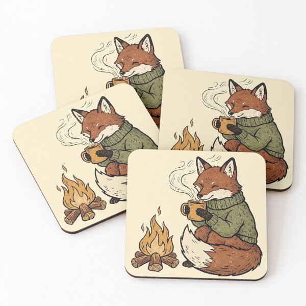 Item preview, Cozy Retro Fox Drinking Coffee By Campfire designed and sold by Imaginationbeyond.