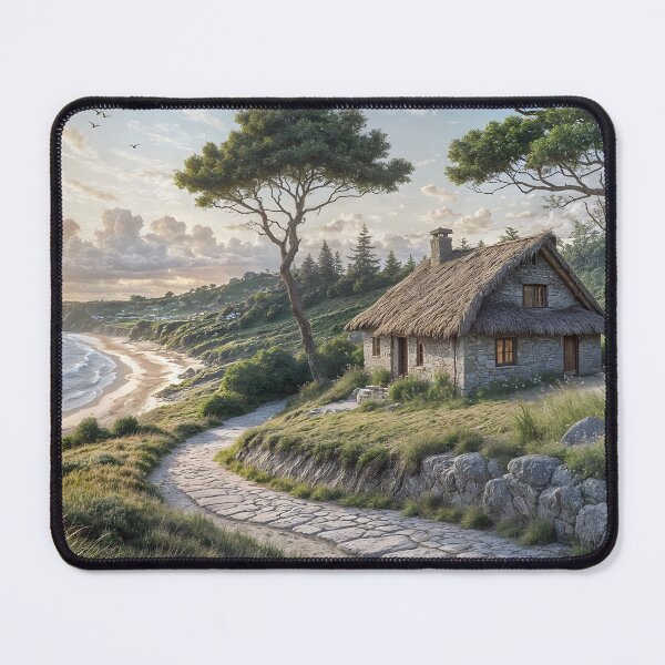 Item preview, Coastal Cottage Sunset Landscape – Peaceful Ocean Cliff House, Serene Nature Scene Wall Art designed and sold by Patricia Johnston.