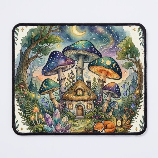 Item preview, Celestial Mushroom Cottage Garden - Watercolor Crystal & Fox Illustration designed and sold by WitchyCritterCo.
