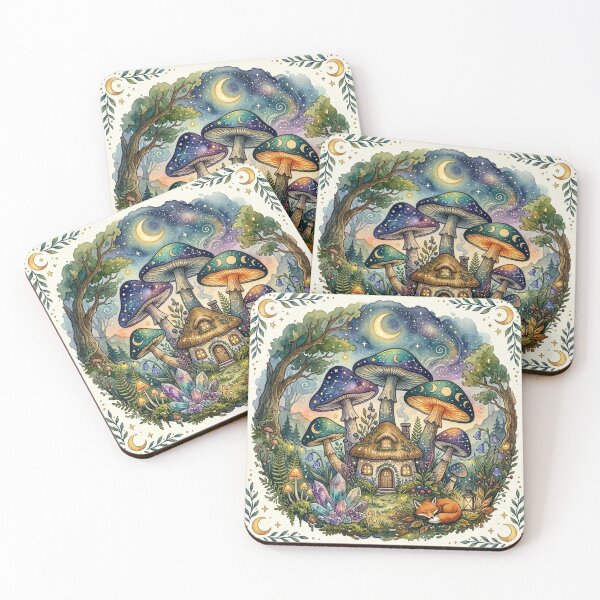 Item preview, Celestial Mushroom Cottage Garden - Watercolor Crystal & Fox Illustration designed and sold by WitchyCritterCo.