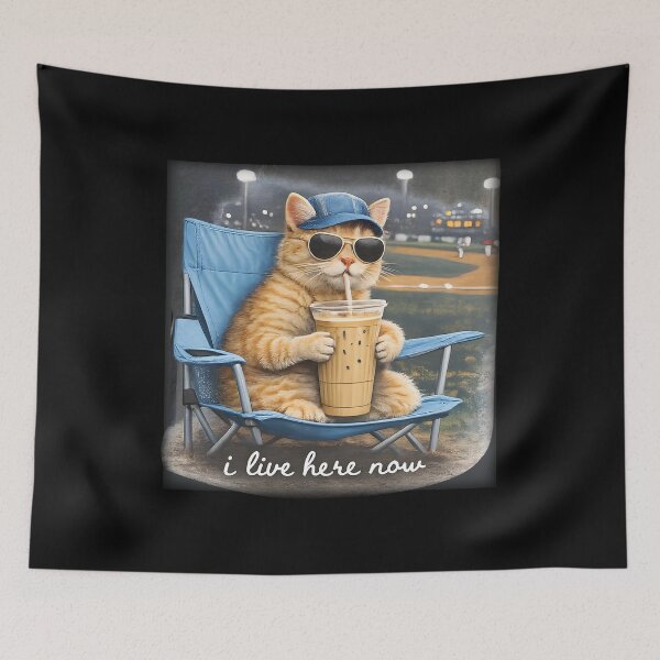 Item preview, Funny Cat Baseball, I Live Here Now, Softball Game Day , Cat Drinking Iced Coffee designed and sold by BachulAlam.