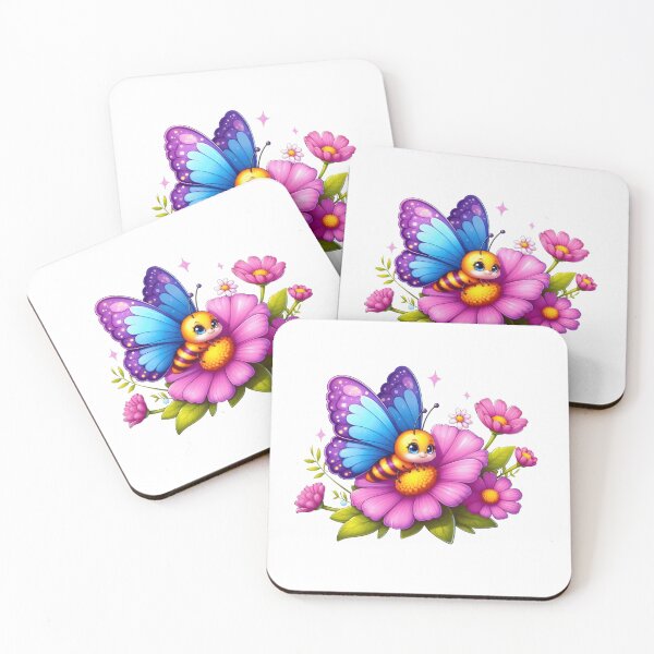 Item preview, Cute Bee Butterfly on Flowers | Kawaii Nature Cartoon | Colorful Aesthetic Floral Animal Design designed and sold by Aedition.